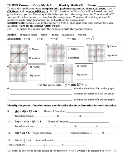 Using f (x)ax-hk we can look at certain values to predict what is going to happen to the graph. . Algebra 2 parent functions and transformations worksheet answers